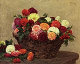 Basket Canvas Paintings - Basket of Dahlias